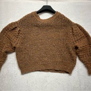 Cozy Cottagecore Puff Sleeve  Brown Knit Crop Sweater